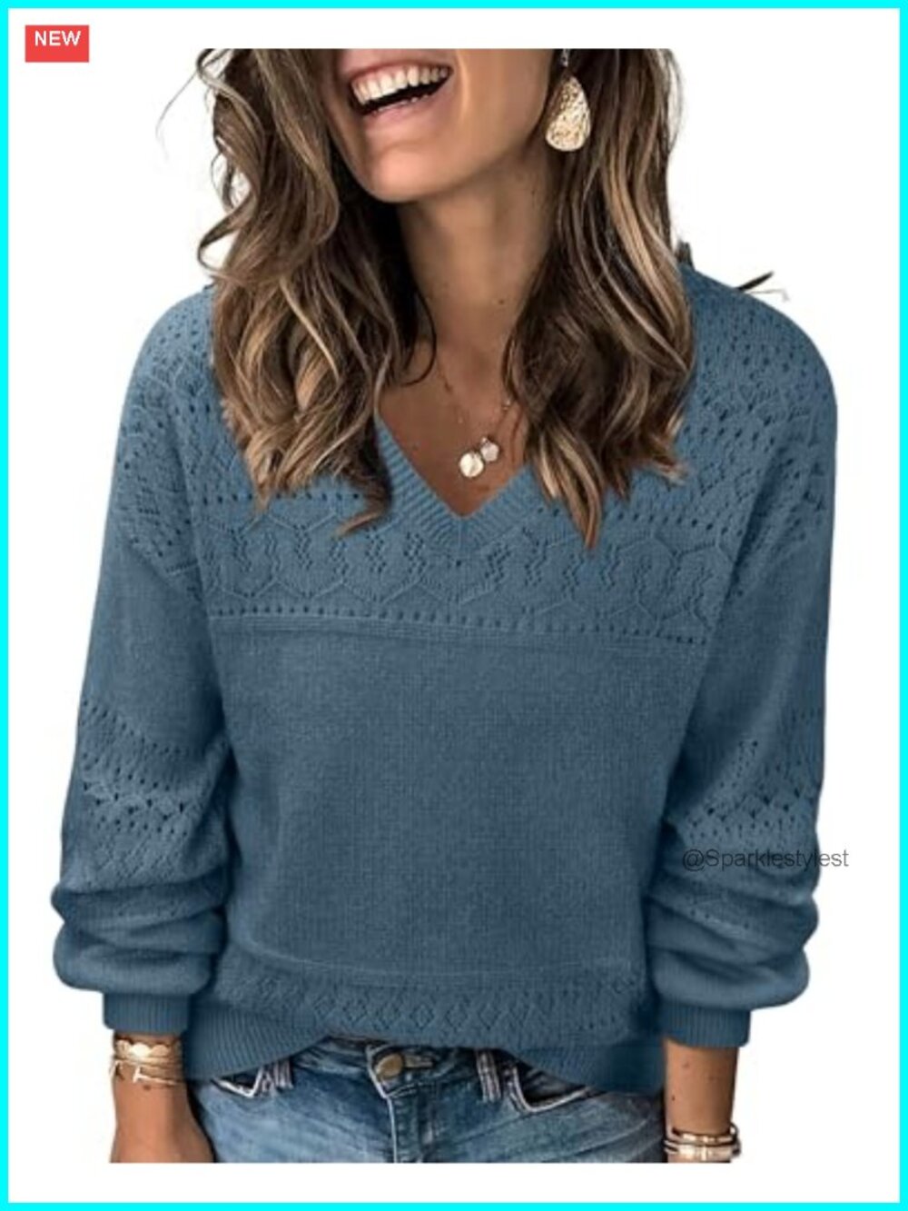 Lightweight V Neck Pullover Sweater with Lantern Sleeves